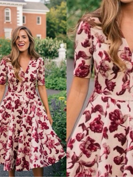 Gal Meets Glam Dresses & Skirts - Gal Meets Glam Edith Cream Midi Dress with Berry Floral Print